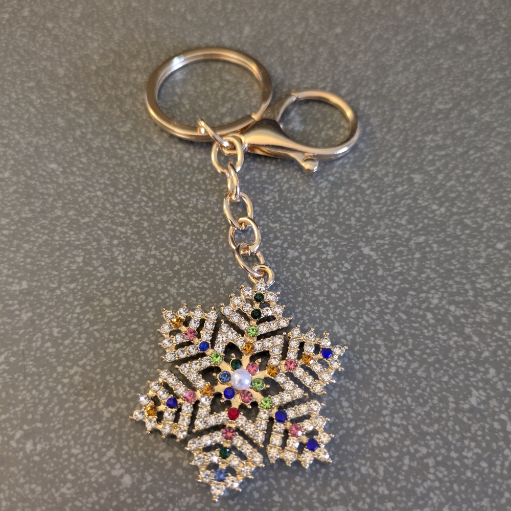 Gold Snowflake Keychain with Colorful Gems NWOT
